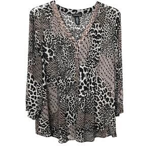 VALERIE STEVENS LONG TAB SLV BUTTON-UP BLOUSE, WOMENS, XL, BLK BRN GOLD ANIMAL